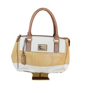 Tignanello Leather Satchel Creamy Color Block Beige White Brown Gold Hardware